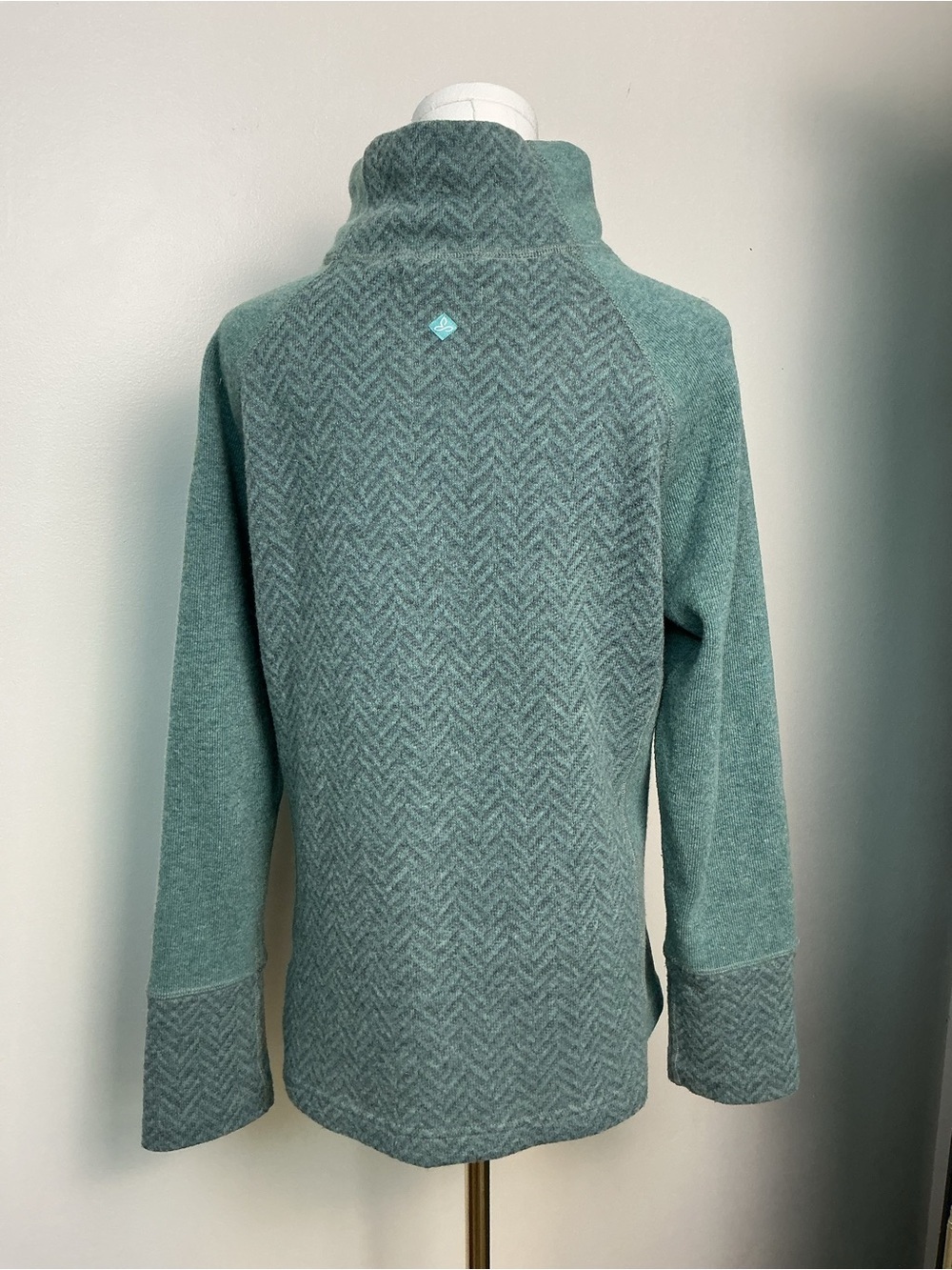 Prana Teal Lucia Wool Sweater Funnel Mock Neck Herringbone details Sz XL - Picture 3 of 8